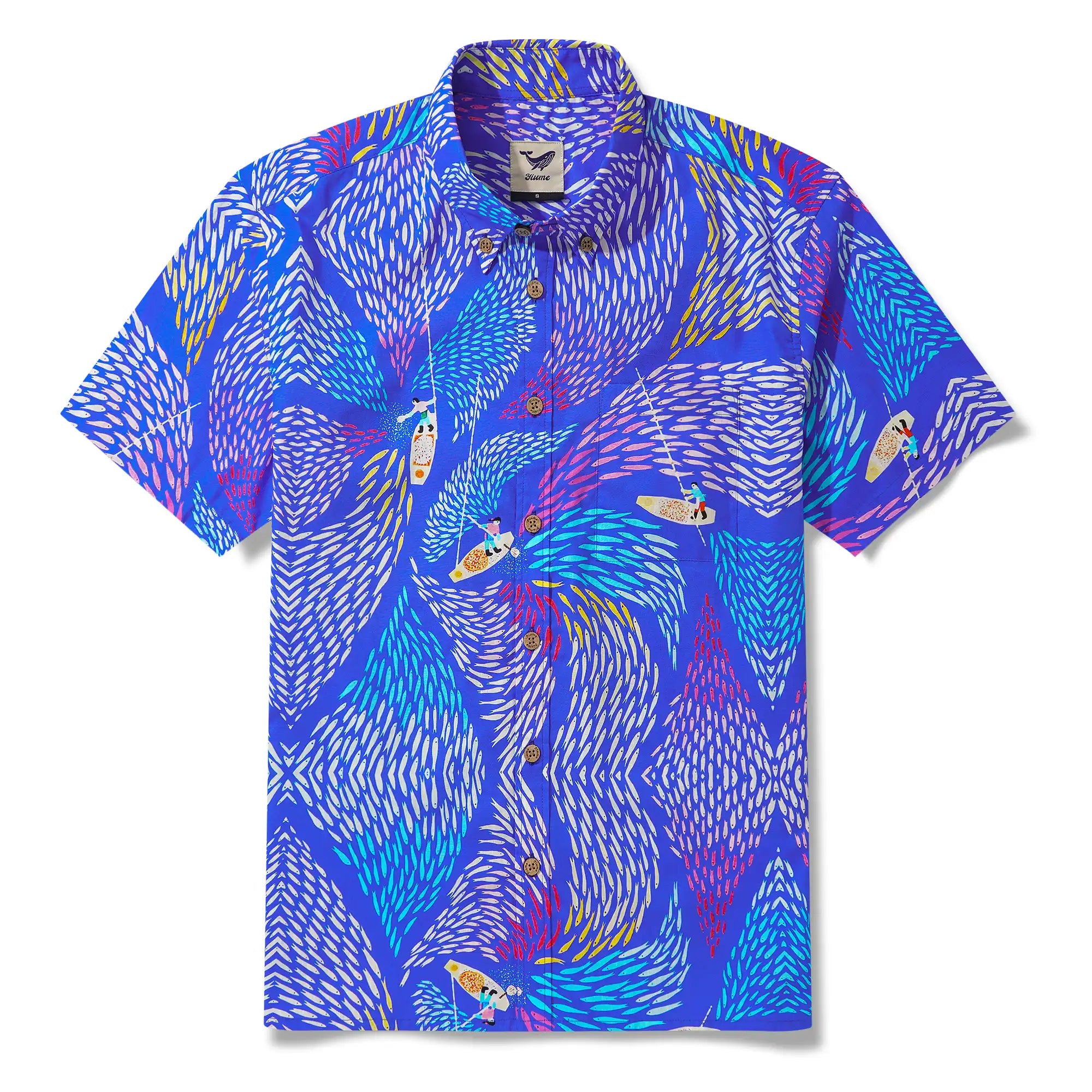 Men's Hawaiian Shirt Short Sleeve Button-down 100% Cotton Blue Aloha Dreamy Fish Light