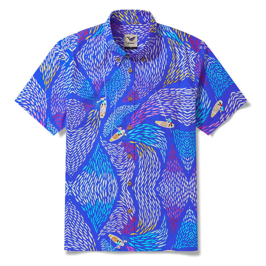 Men's Hawaiian Shirt Short Sleeve Button-down 100% Cotton Blue Aloha Dreamy Fish Light