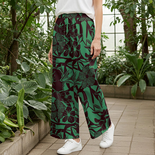 Women Casual Pants Lounge Elastic Waist Drawstring with Pockets 93% Lyocell, 7% Linen Green Aloha Impression Of Tropical Plants