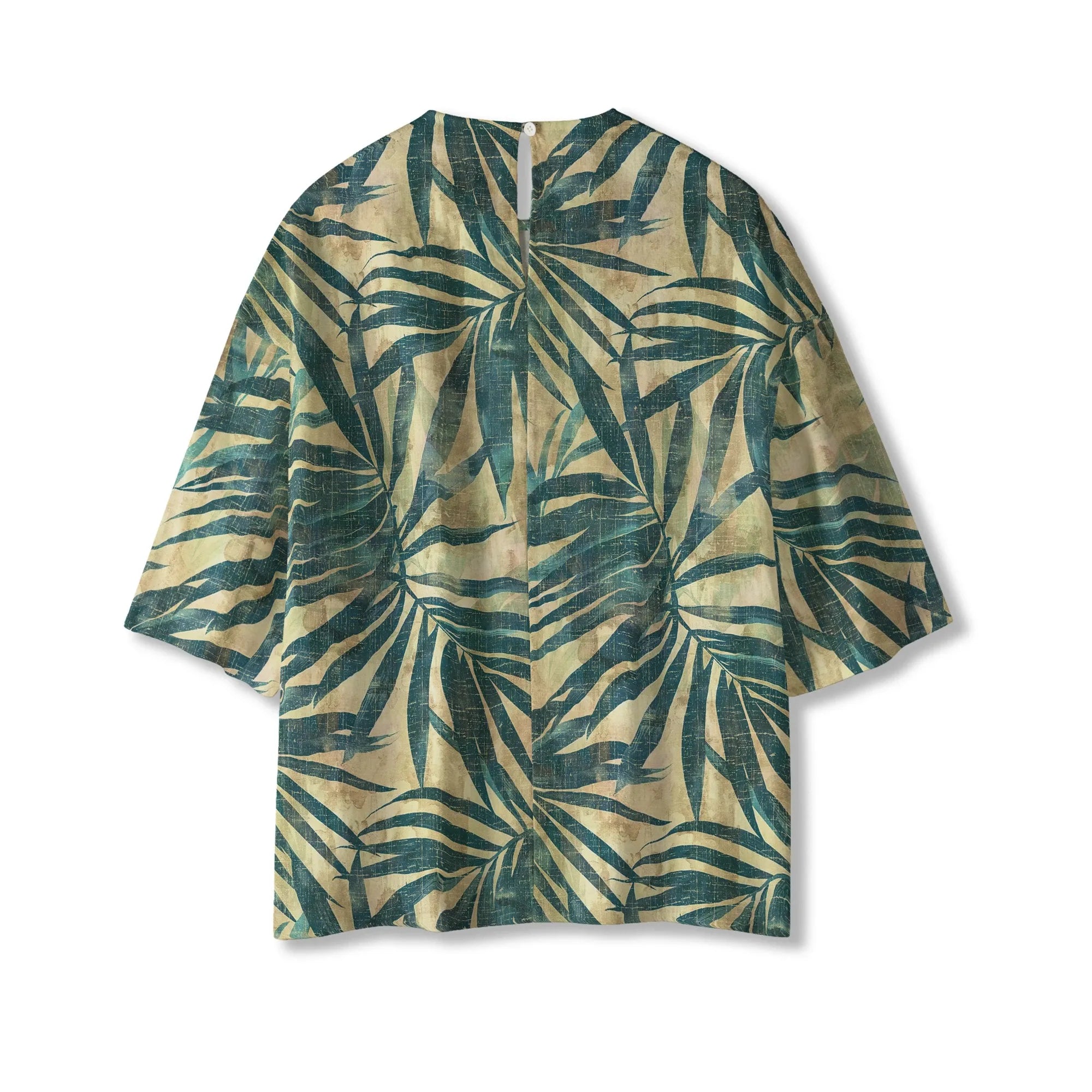 Model wearing Green Aloha Vintage Palm Women's Blouse, tropical style
