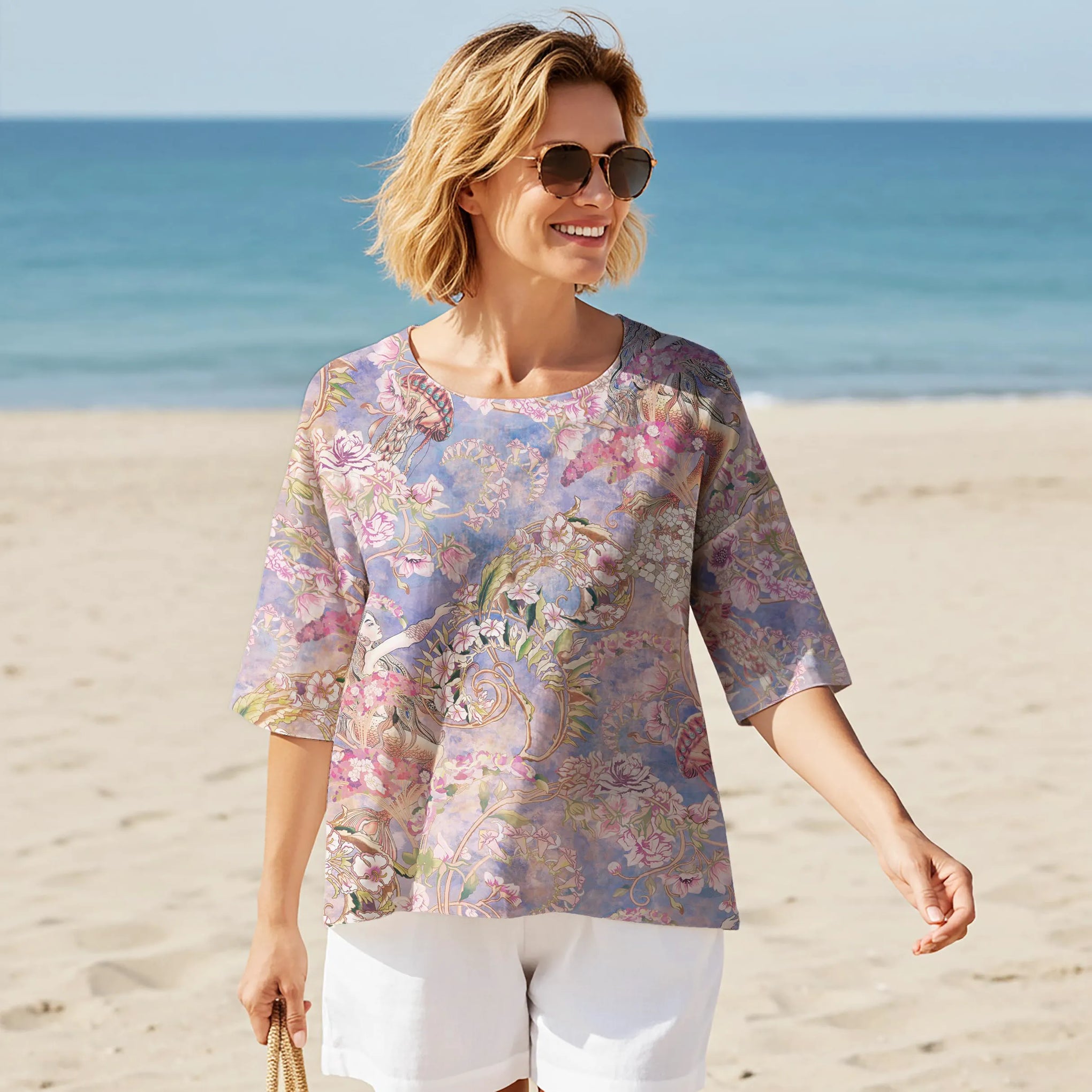 Women Casual Blouse 3/4 Sleeve Round Neck 95% Lyocell, 5% Linen Aloha Enchanted Mossy Realm