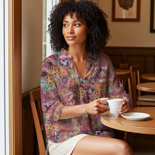 Women Casual Blouse 3/4 Sleeve V-neck Shirt Collar 95% Lyocell, 5% Linen Purple Aloha Artistic Floral Transformations