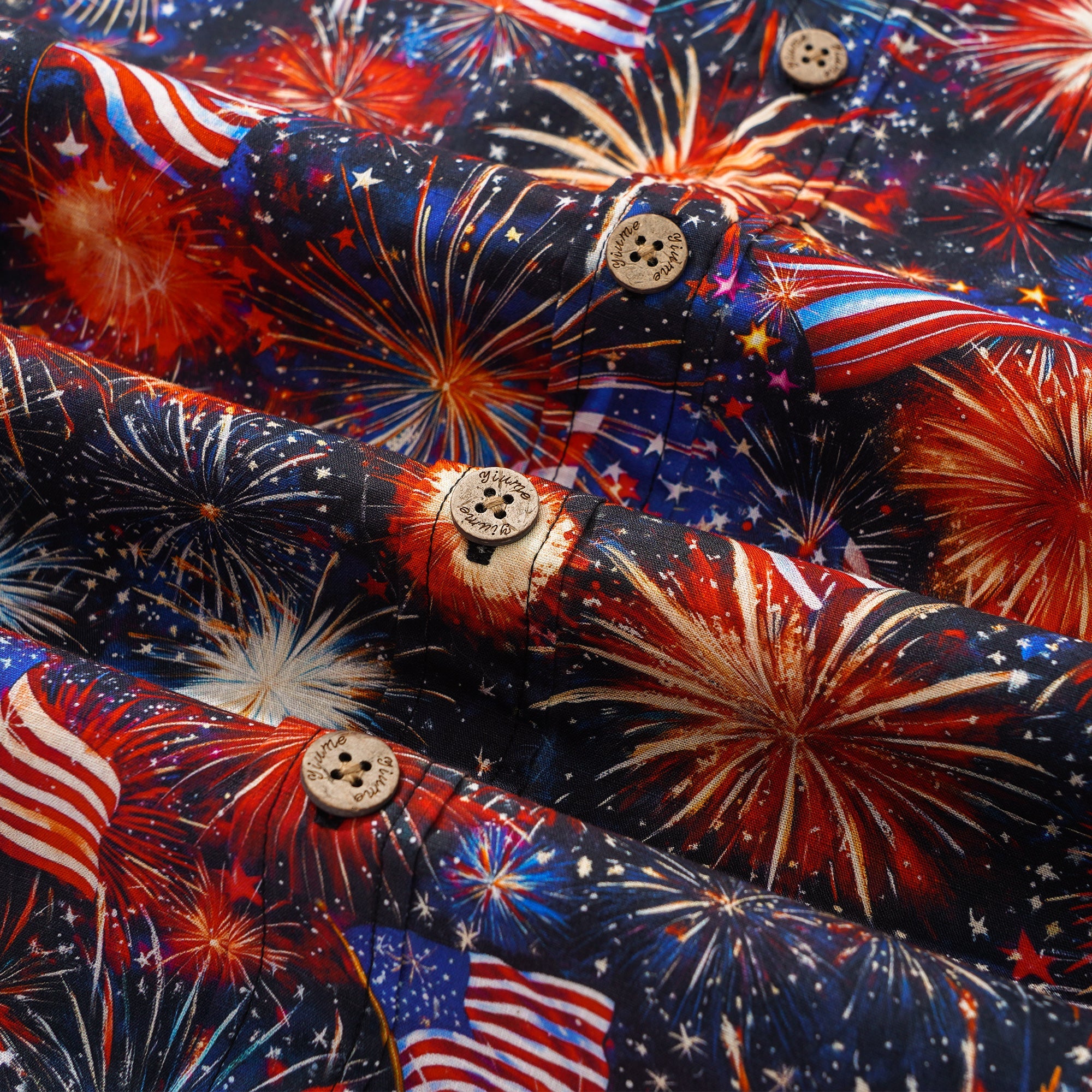 Herren Hawaiian Shirt Kurzarm Button-Down 100% Baumwolle Schwarz Aloha Patriotische Feuerwerke