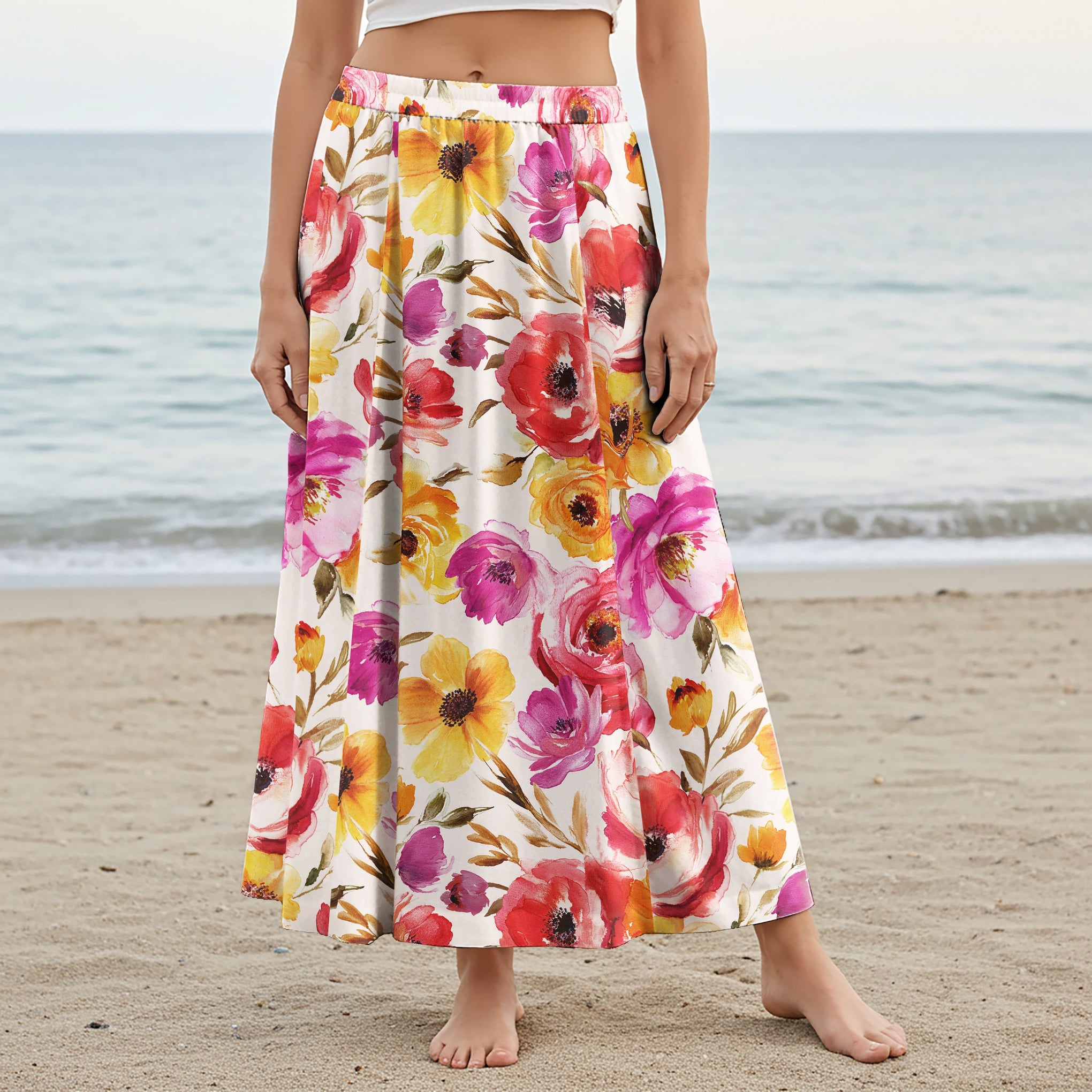 Women Casual Maxi Skirt Long Elastic Waist 100% Cotton Aloha Blossoming Charm In Full Bloom