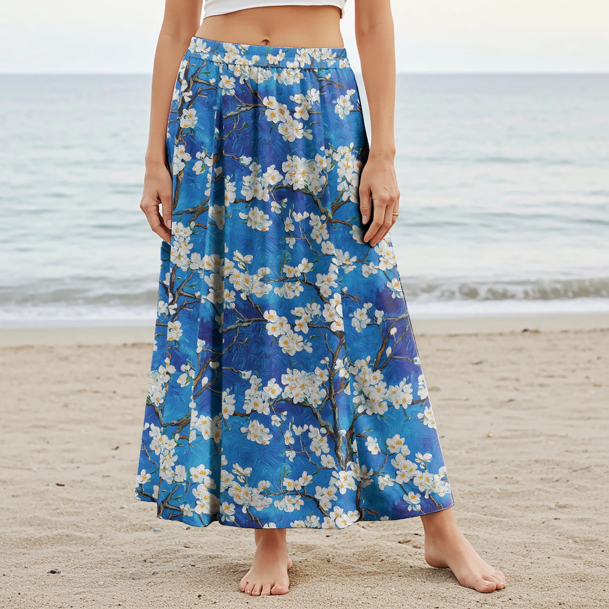 Women Casual Maxi Skirt Long Elastic Waist with Pockets 100% Cotton Blue Aloha White Above Deep Blue