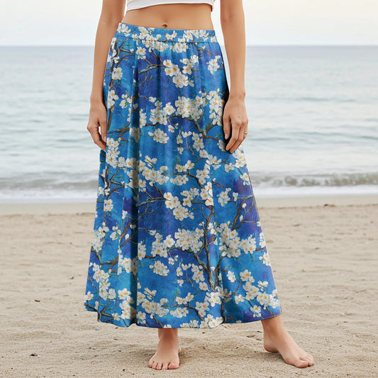 Women Casual Maxi Skirt Long Elastic Waist with Pockets 100% Cotton Blue Aloha White Above Deep Blue