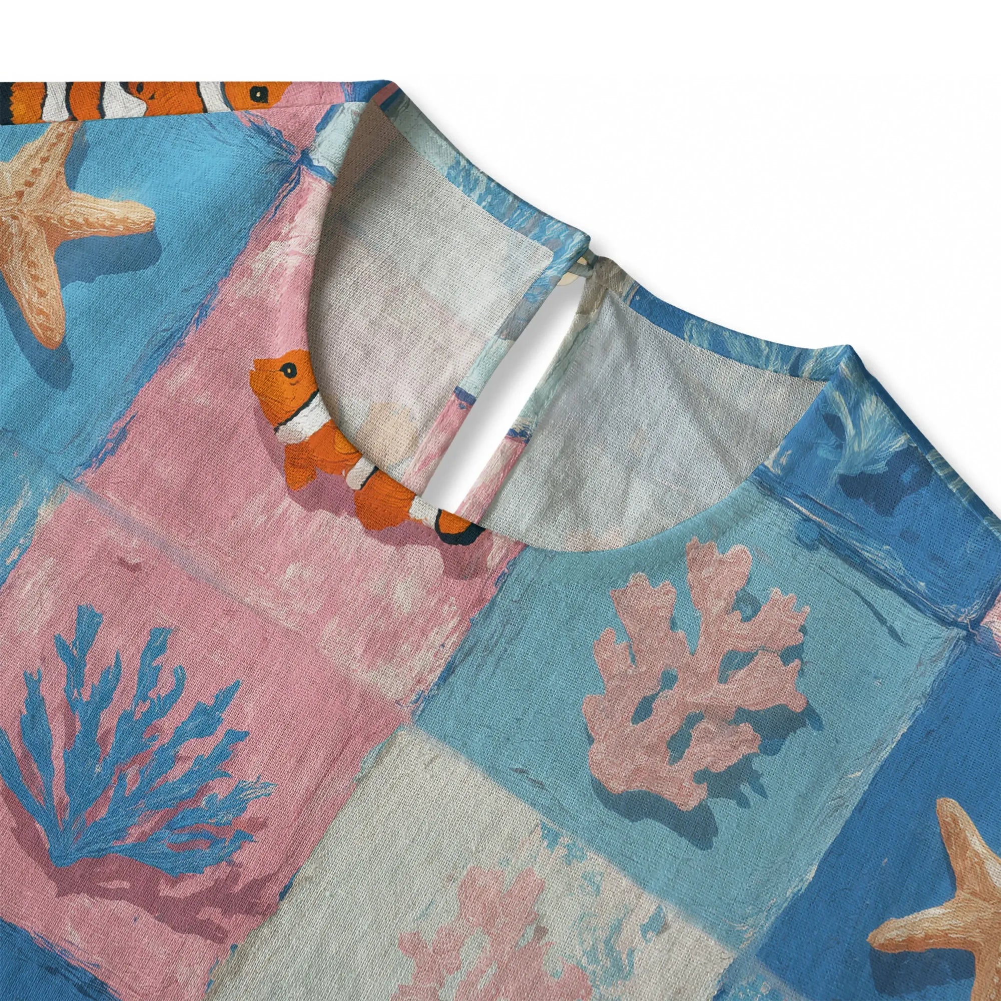 Blue Aloha Oceanic Chessboard women's blouse, coral and starfish design