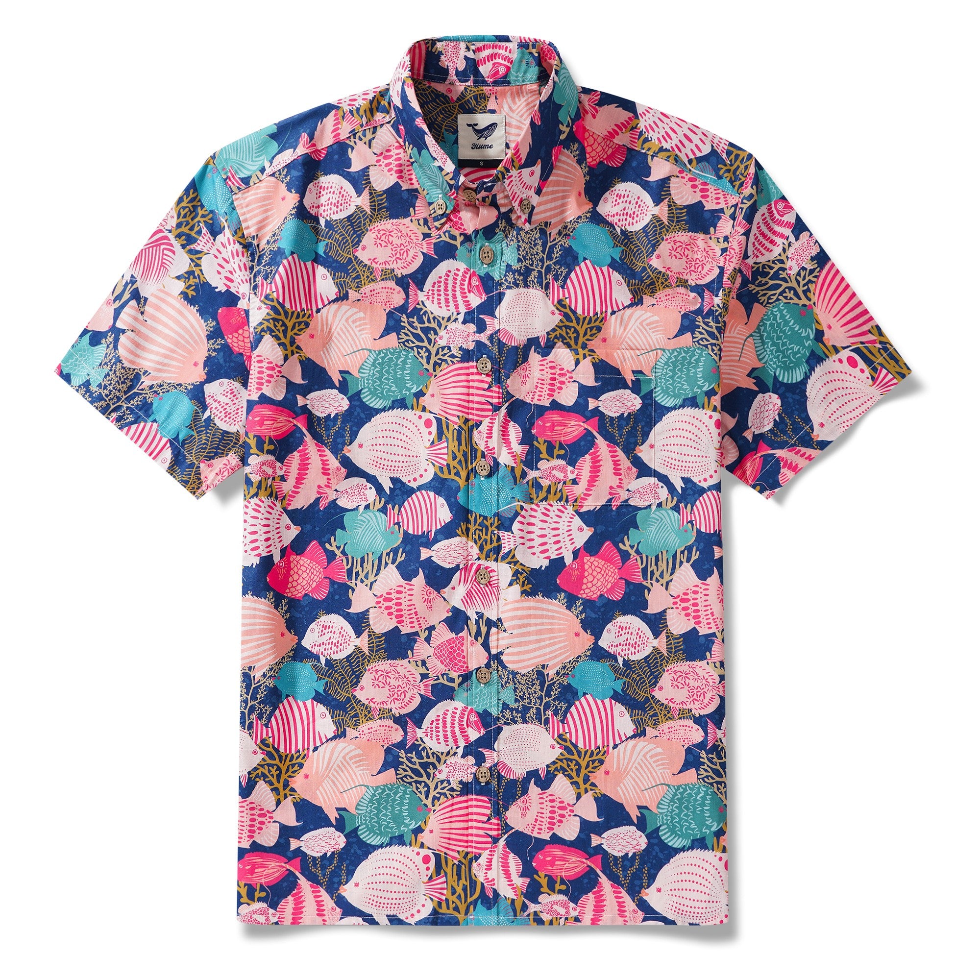 Chemise hawaïenne masculine à manches courtes à manches courtes 100% coton Aloha Fishes heureux dans le récif corallien par Annick