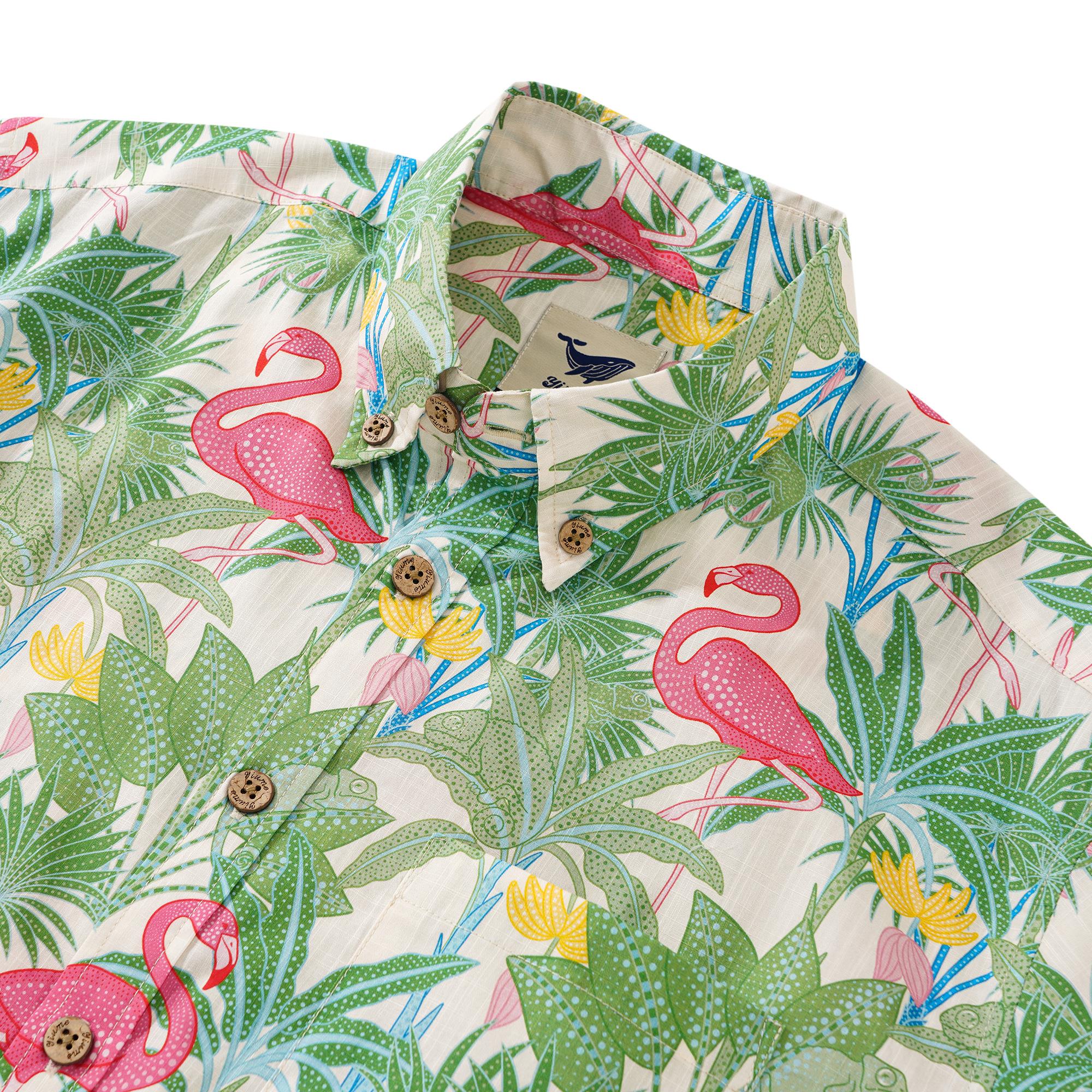 Herren-Hawaiian-Hemd Kurzärmel Button 100% Baumwolle Beige Aloha Flamingos & Chameleons von House of Haricot