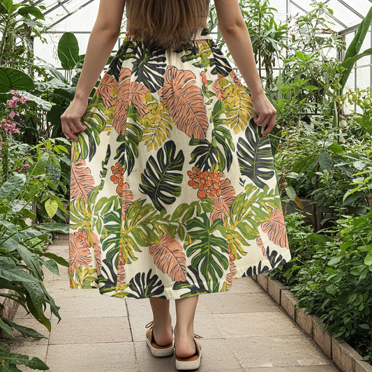 Women Casual Maxi Skirt Long Elastic Waist 100% Cotton Green Aloha Tropical Paradise