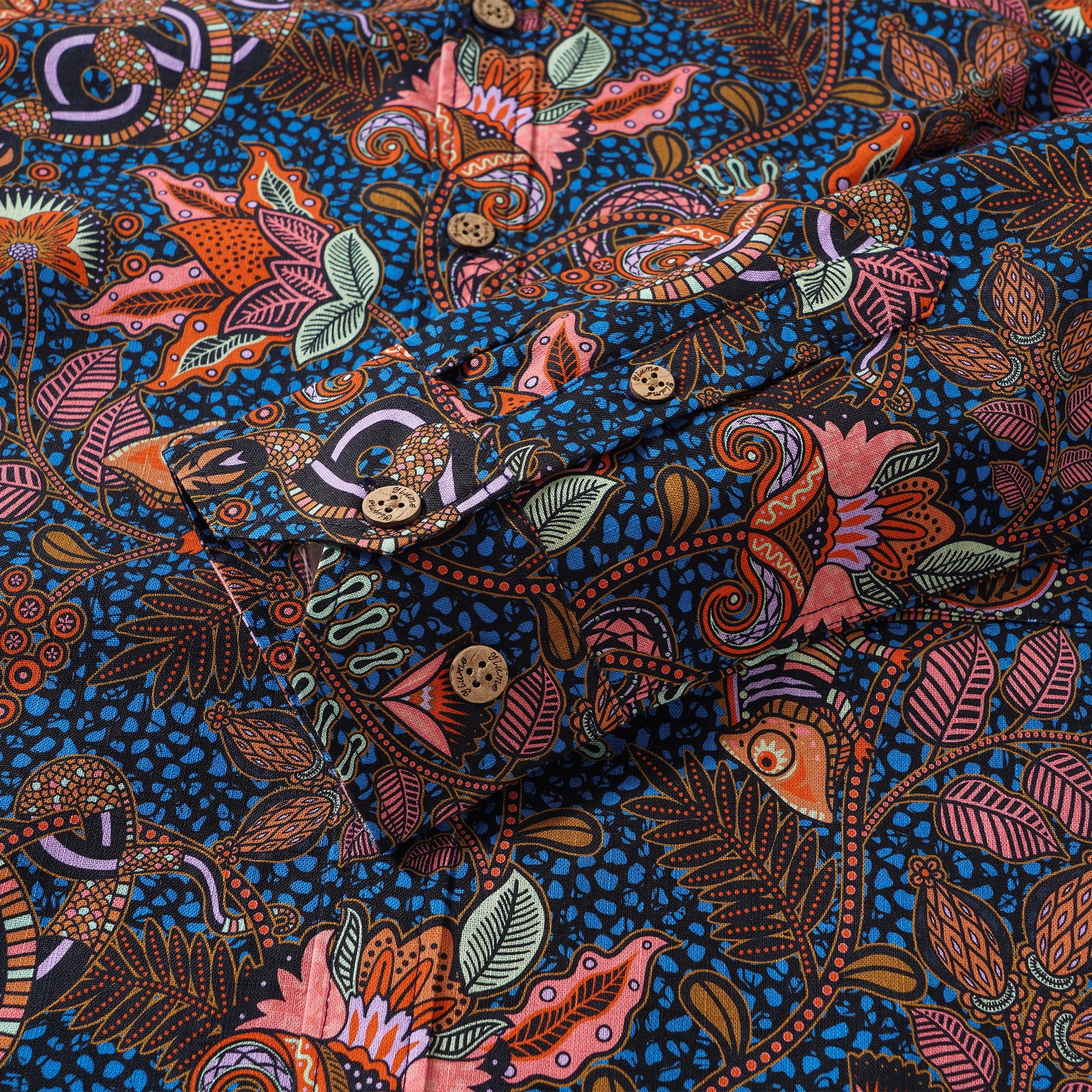 Men's Hawaiian Shirt Long Sleeve Button-down 100% Cotton Green Aloha Chameleon Ankara