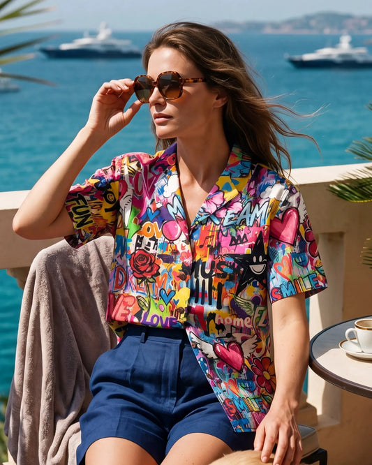 Women's Hawaiian shirt with love graffiti art design