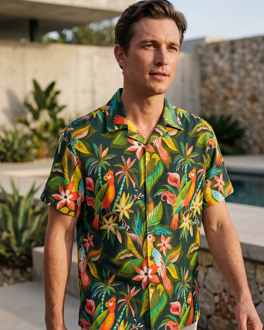 Close-up of parrot design on men's Hawaiian shirt