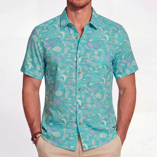 Men's blue Hawaiian shirt with button-up style by LeosWare