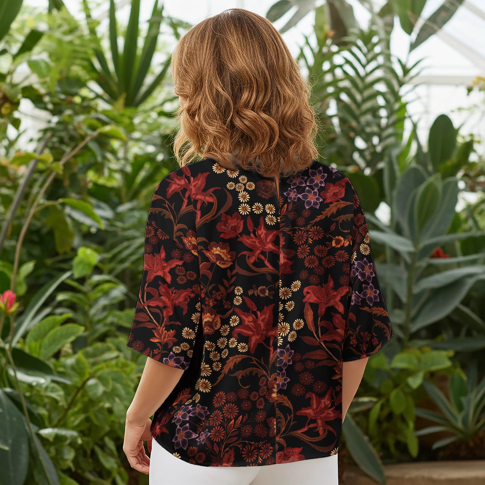 Women Casual Blouse Elbow Sleeve Round Neck Button-Back 100% Lyocell Red Aloha Dark Floral Legend