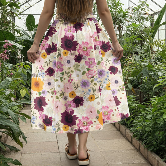 Women Casual Maxi Skirt Long Elastic Waist with Pockets 100% Cotton Purple Aloha Powdery Purple Allure