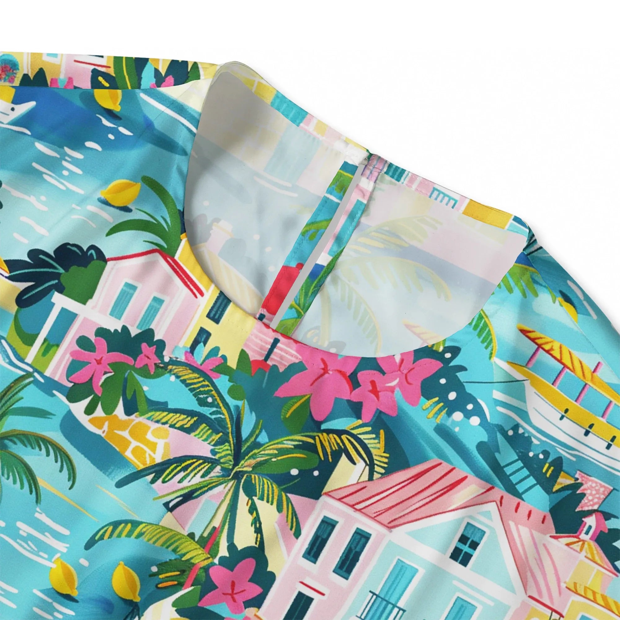 Button-back women's blouse with tropical print