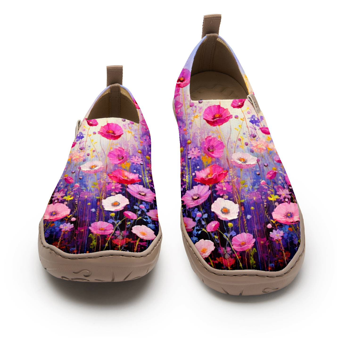 ピンクと紫のワイルドフローラーの女性用靴ラベンダーブルームヒール