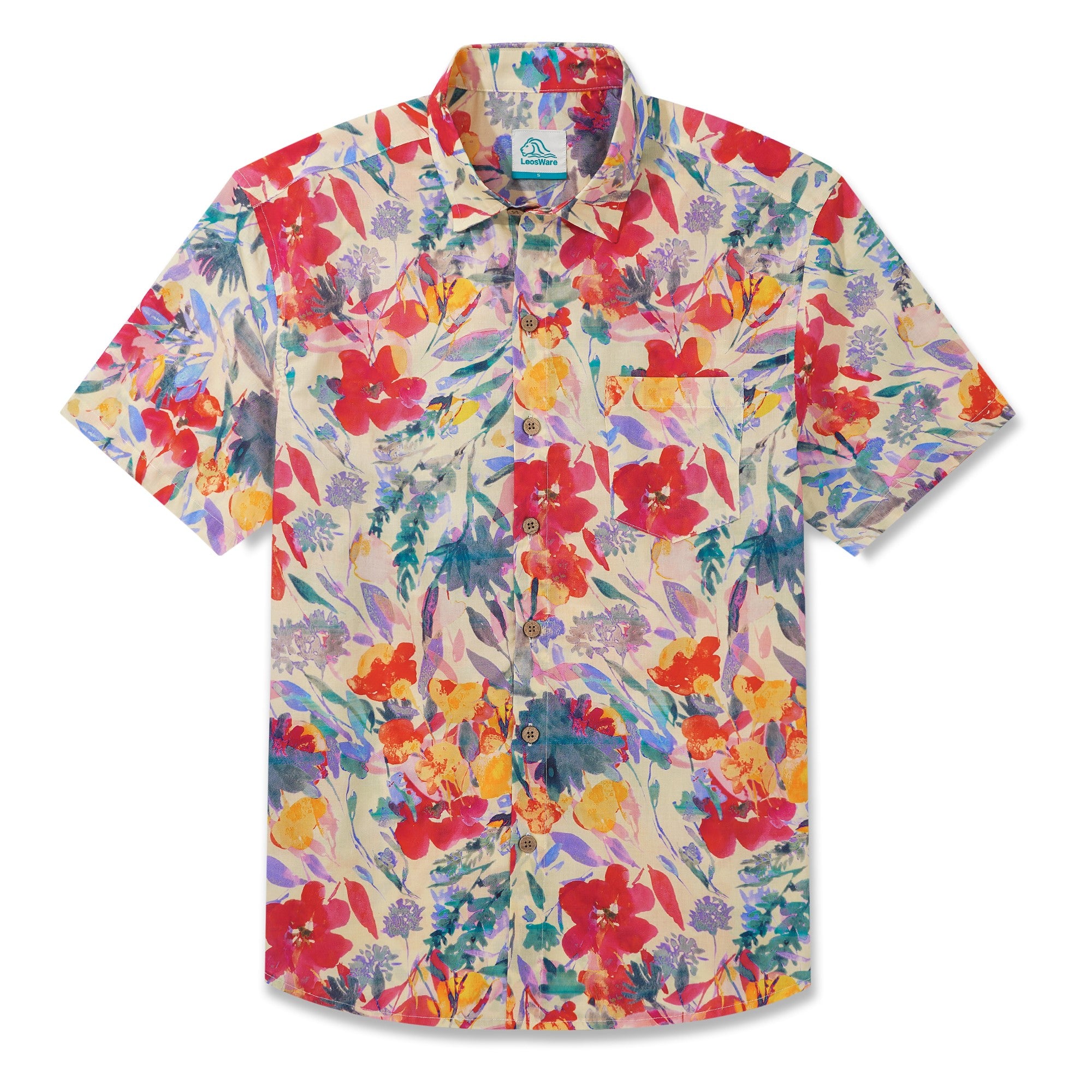 LeosWare® Men's Hawaiian Shirt Short Sleeve Button-up 100% Cotton Red Aloha Spring Floral Illustration