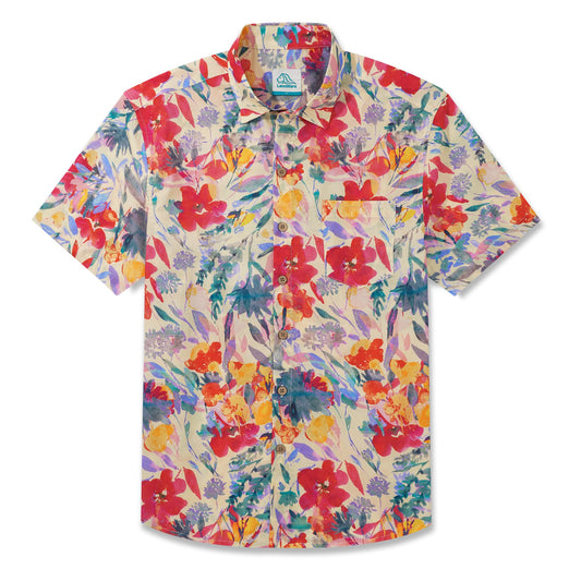 LeosWare® Men's Hawaiian Shirt Short Sleeve Button-up 100% Cotton Red Aloha Spring Floral Illustration