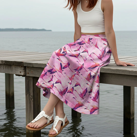 Women Casual Maxi Skirt Long Elastic Waist with Pockets 100% Cotton Aloha Flamingo Migration Symphony In The Clouds