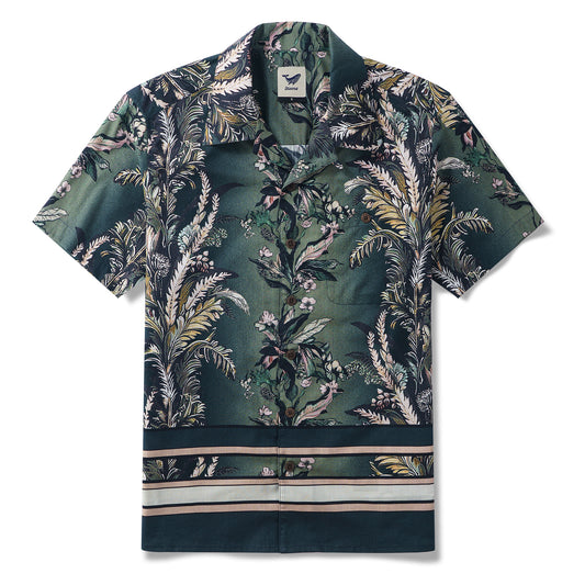 Sérénade Verte de Fleurs Chemise à Col Camp en Coton 100% pour Homme à Manches Courtes Aloha Hawaïenne Verte