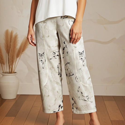 Women Casual Ankle Pants Lounge Elastic Waist with Pockets 93% Lyocell, 7% Linen Gray Aloha Cat's Delight