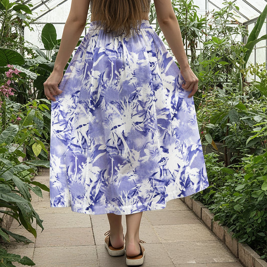 Women Casual Maxi Skirt Long Elastic Waist with Pockets 100% Cotton Purple Aloha Chilled Purple Blossom