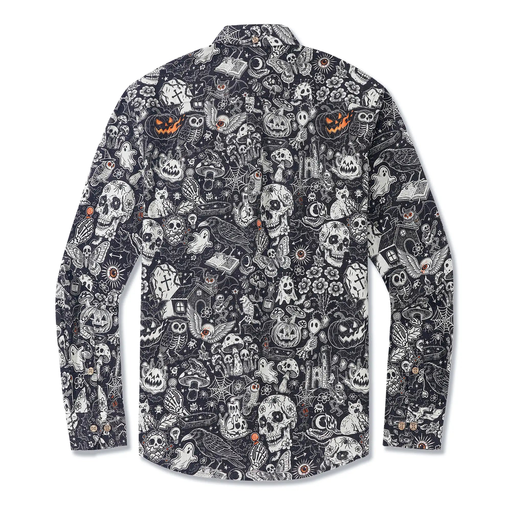 Men's Hawaiian Shirt Long Sleeve Button-down 100% Cotton Black Aloha Halloween Bash