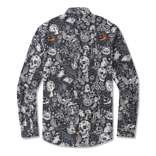 Men's Hawaiian Shirt Long Sleeve Button-down 100% Cotton Black Aloha Halloween Bash