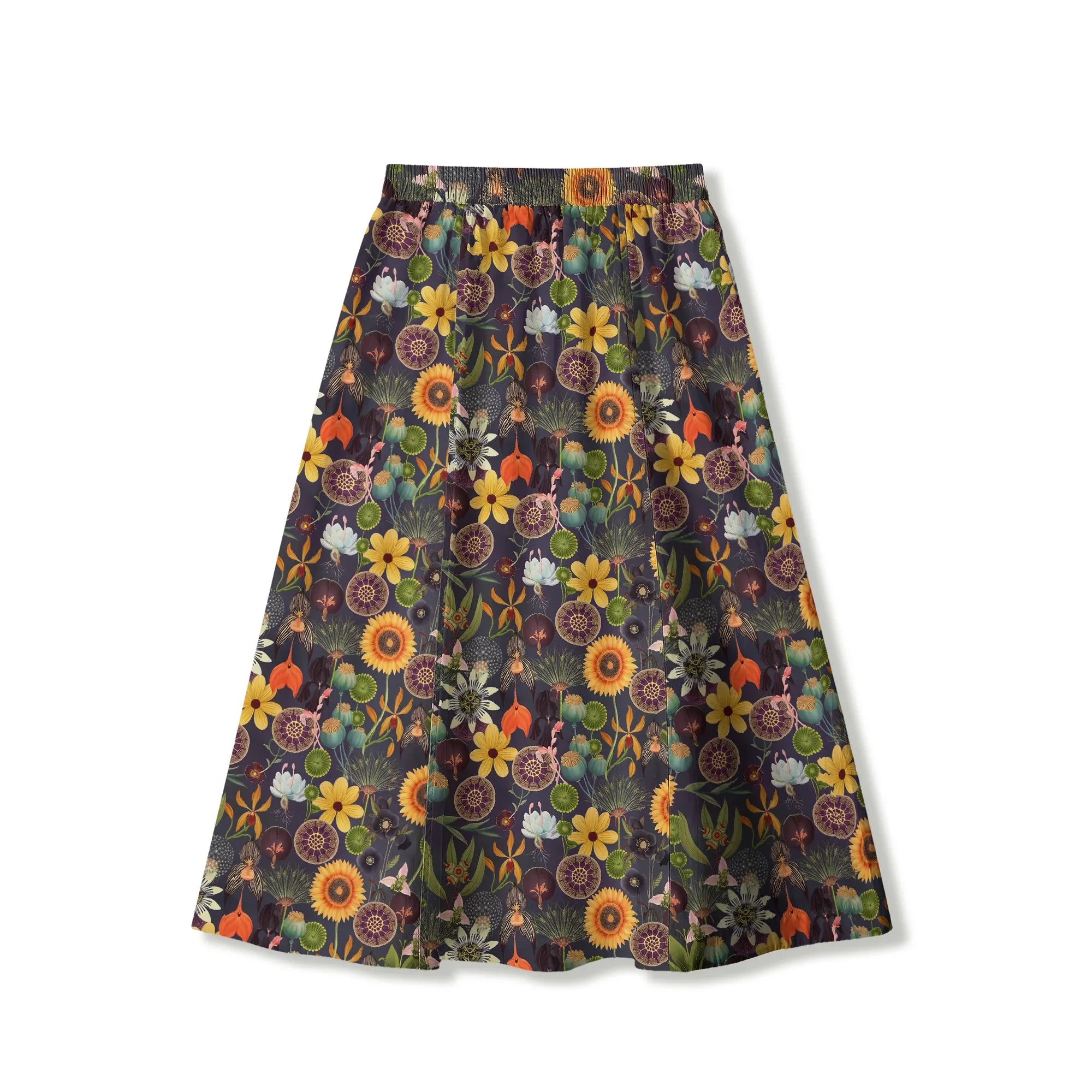 Side view of brown skirt with pockets and sunflower print