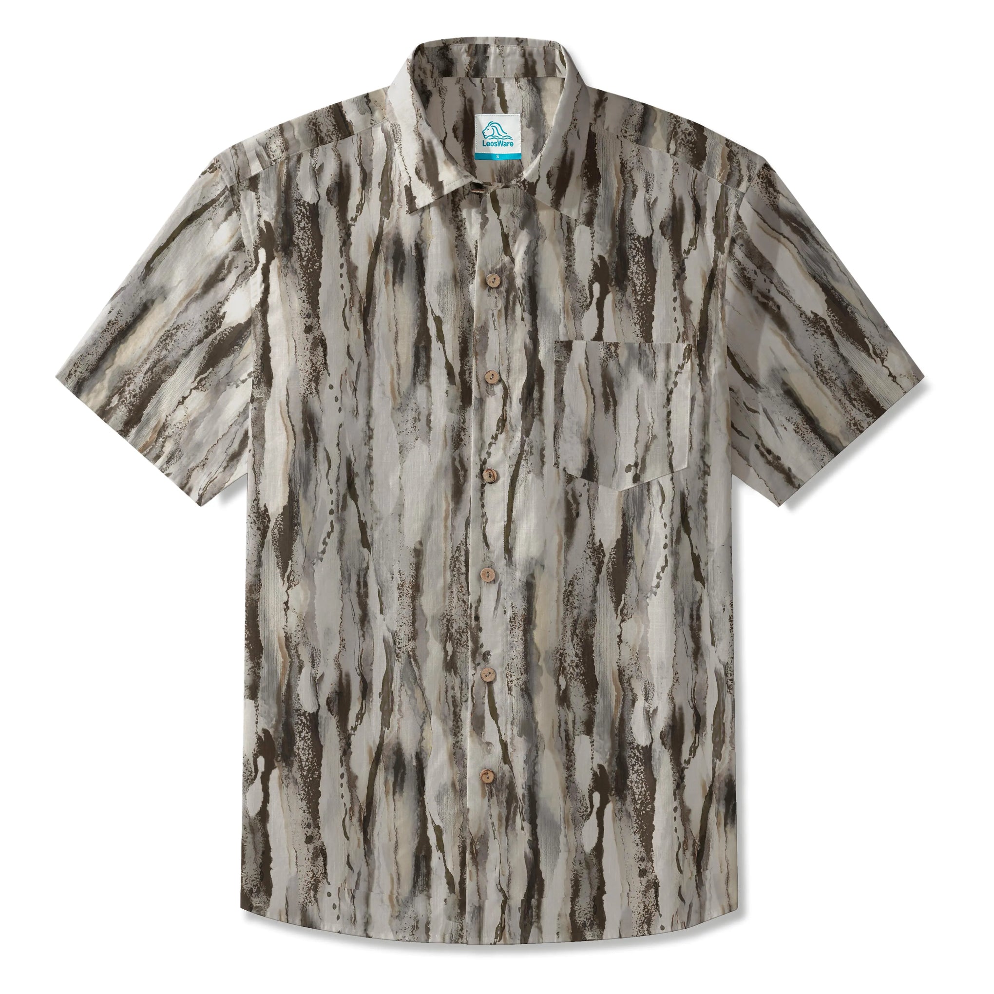 LeosWare® Men's Hawaiian Shirt Short Sleeve Button-up 100% Cotton Brown Aloha Minimalist Abstract Rhythm