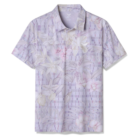 Camisa polo de manga corta para hombre en azul claro con estampado floral hawaiano