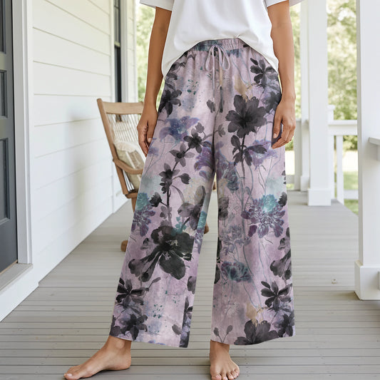 Women Casual Pants Lounge Elastic Waist Drawstring with Pockets 93% Lyocell, 7% Linen Purple Aloha Ink Purple Floral Haven