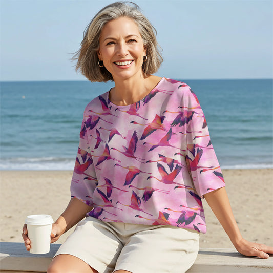 Women Casual Blouse Elbow Sleeve Crew Neck Button-Back 100% Lyocell Aloha Flamingo Migration Symphony In The Clouds