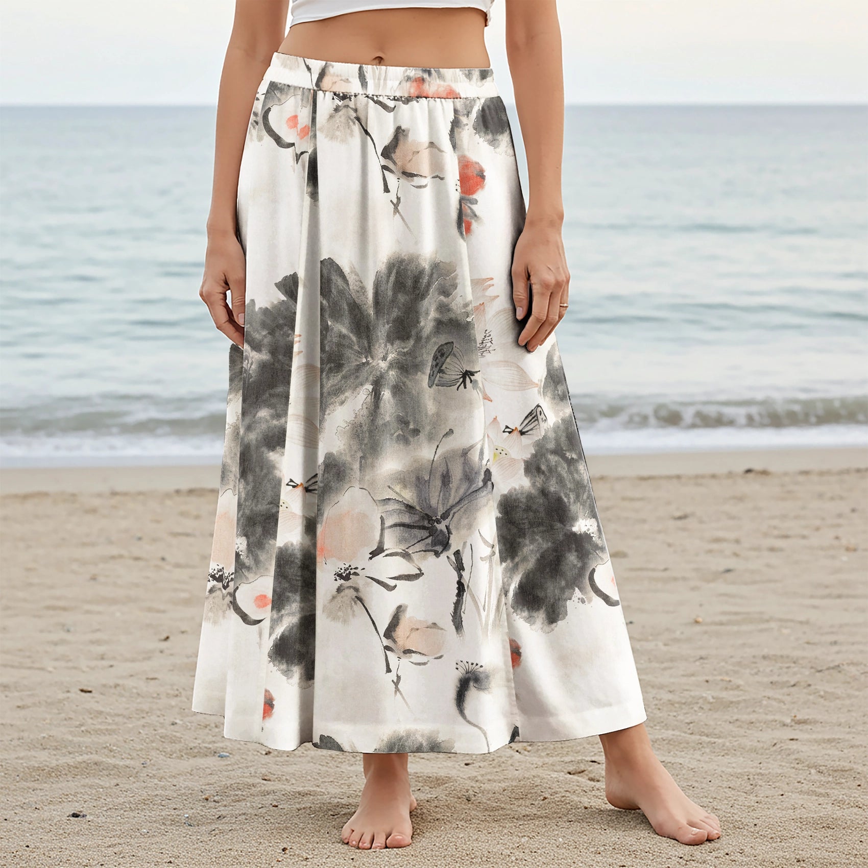 Women Casual Maxi Skirt Long Elastic Waist with Pockets 100% Cotton Gray Aloha Eastern Lotus Elegance