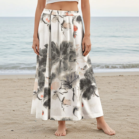 Women Casual Maxi Skirt Long Elastic Waist with Pockets 100% Cotton Gray Aloha Eastern Lotus Elegance