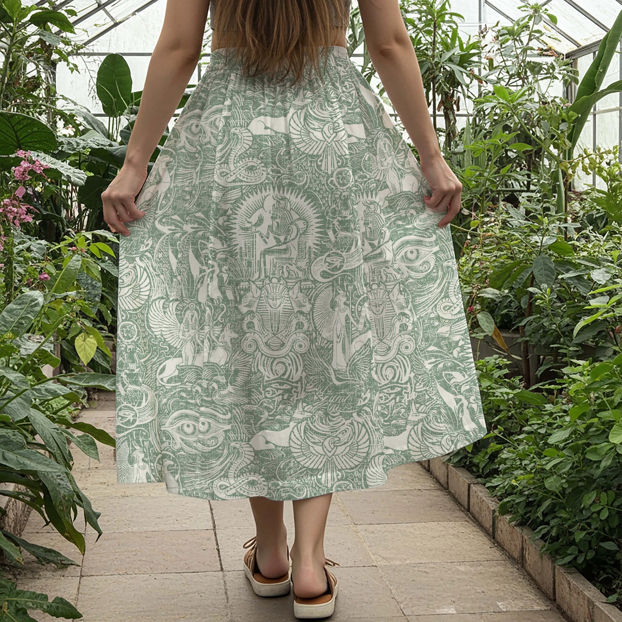 Women Casual Maxi Skirt Long Elastic Waist with Pockets 100% Cotton Green Aloha Egyptian Myths