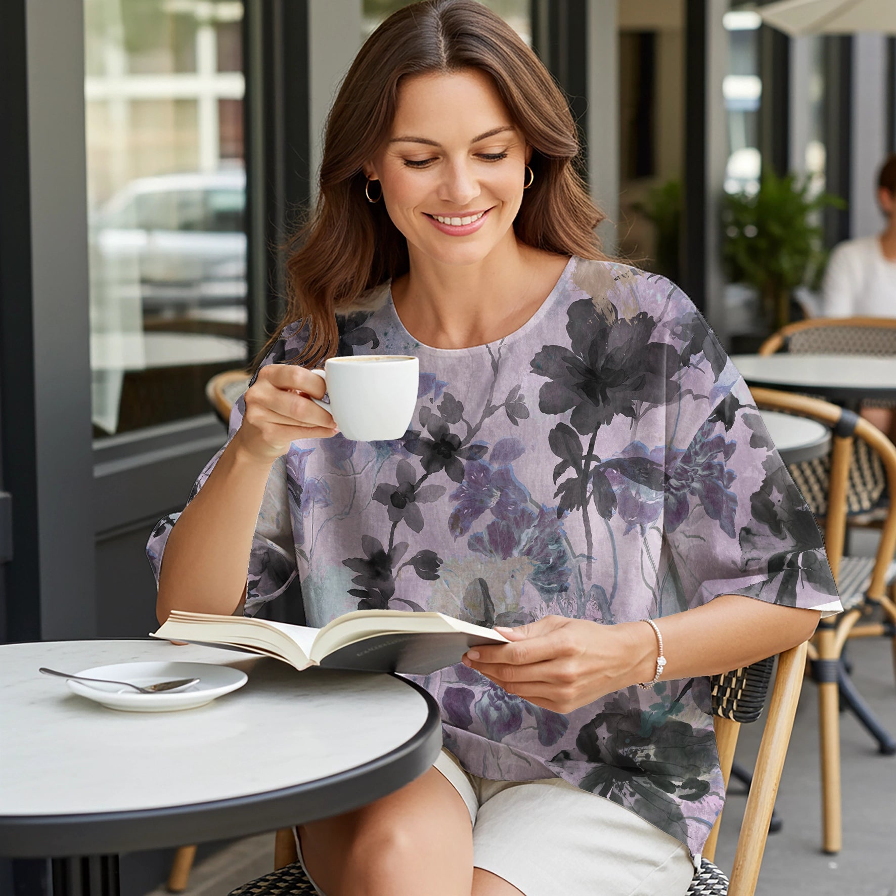 Women Casual Blouse Elbow Sleeve Round Neck Button-Back 95% Lyocell, 5% Linen Purple Aloha Ink Purple Floral Haven