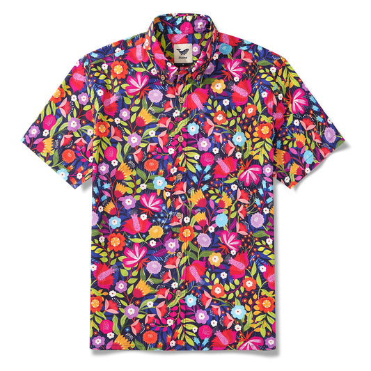 Men's Hawaiian Shirt Short Sleeve Button-down 100% Cotton Red Aloha Midnight Garden By Ali Brookes