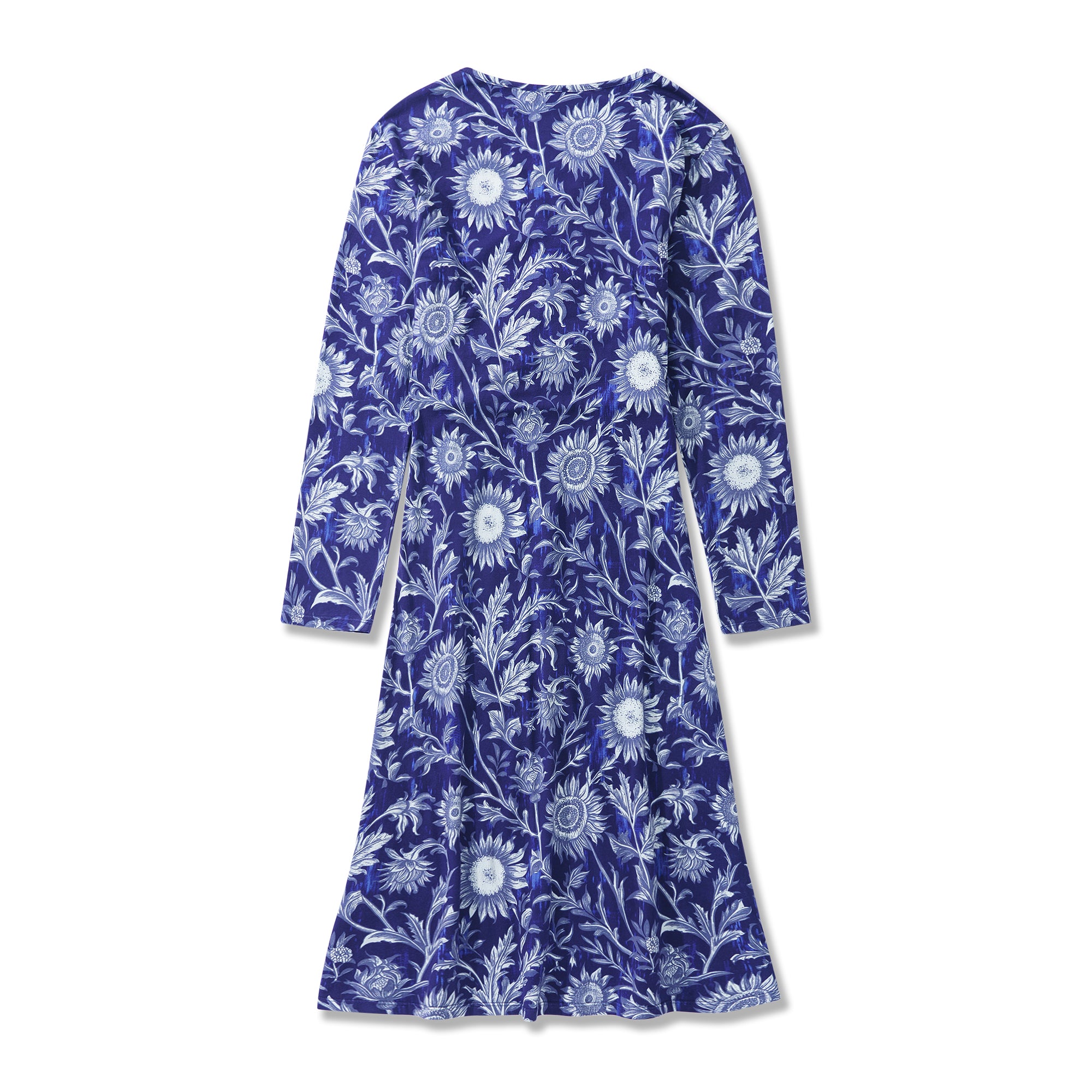Robe hawaïenne pour femmes en bleu et blanc, en porcelaine, avec des tournesols, décolleté en V et manches longues