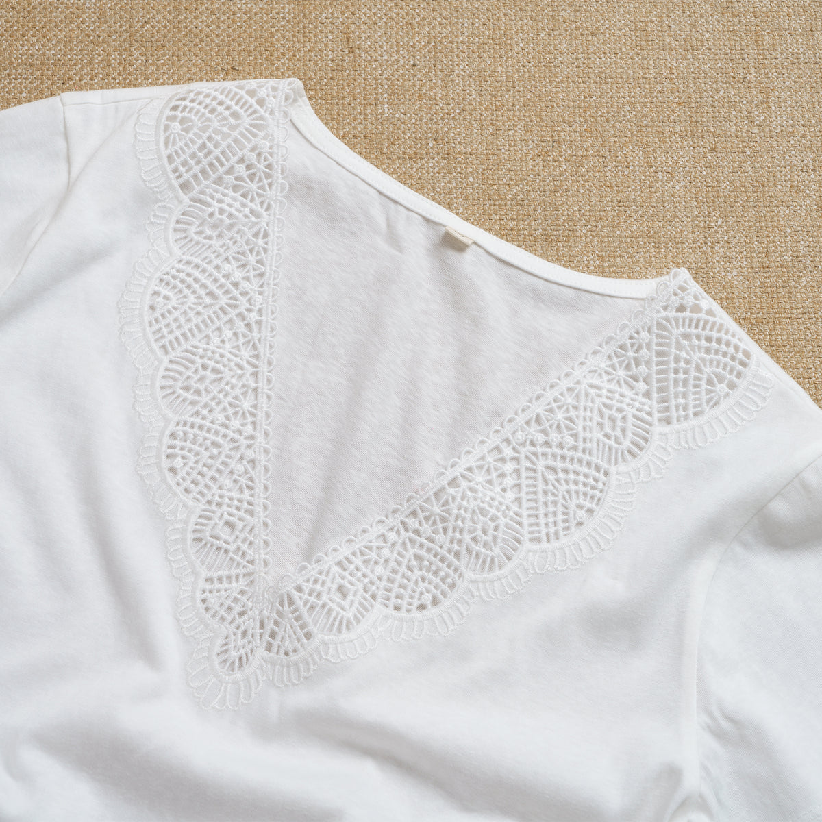 White Lace Trim V-Neck Short Sleeve Top by Yiume