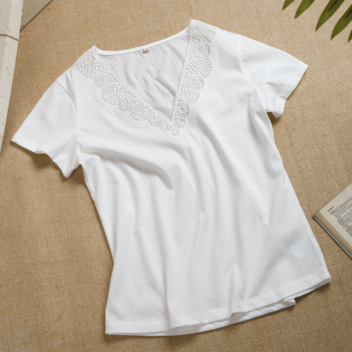 Yiume Women's White Short Sleeve Lace Trim Top