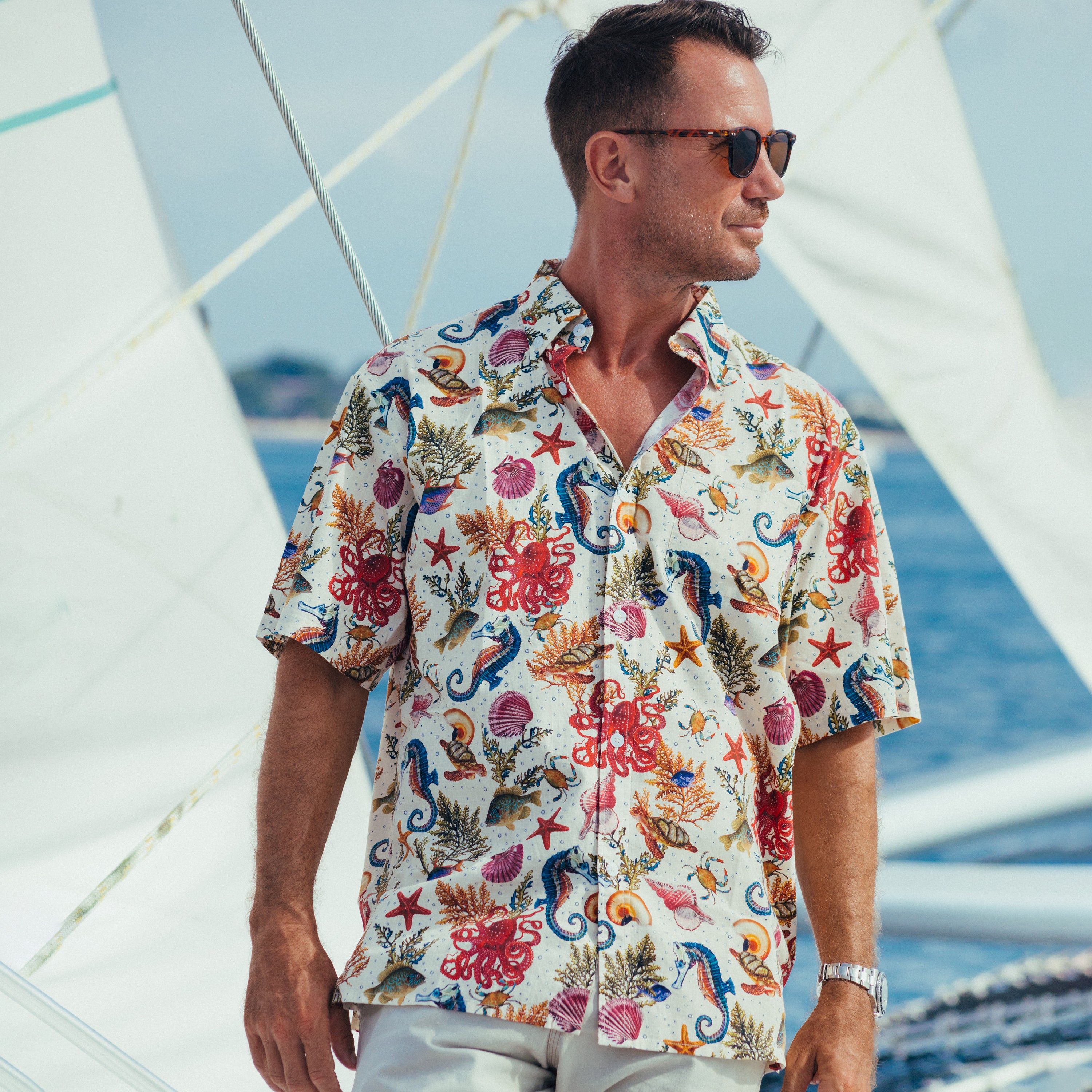 Camisa hawaiana original para hombre Vida marina Caballito de mar Pulpo Estampado con botones Tencel™