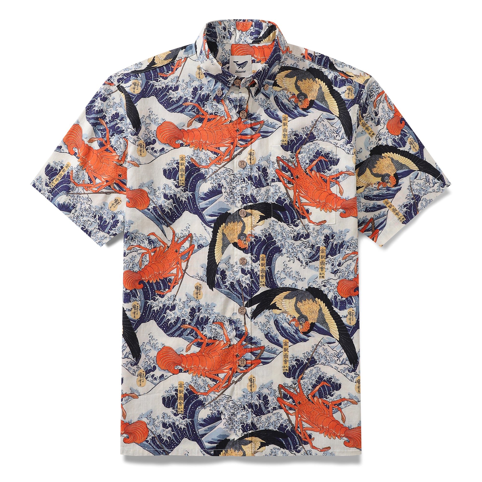 Mens Casual Hawaiian Shirt Cock Lobster Chart Cotton Short Sleeve Aloha Shirt