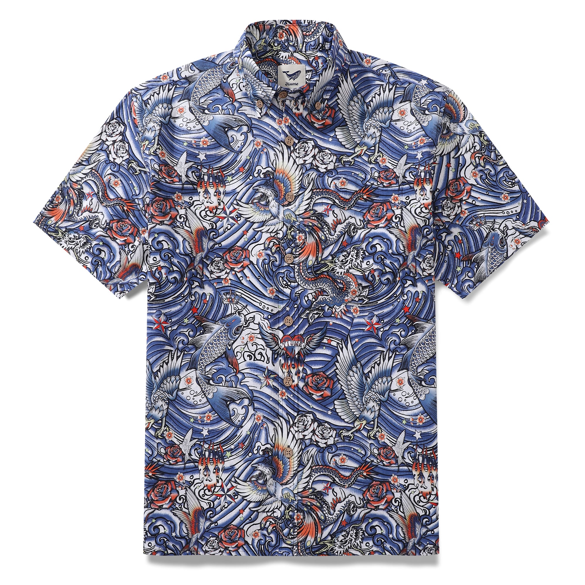 Men's Hawaiian Shirt Zen Waves - Tattoo Harmony Cotton Button-down Short Sleeve Aloha Shirt