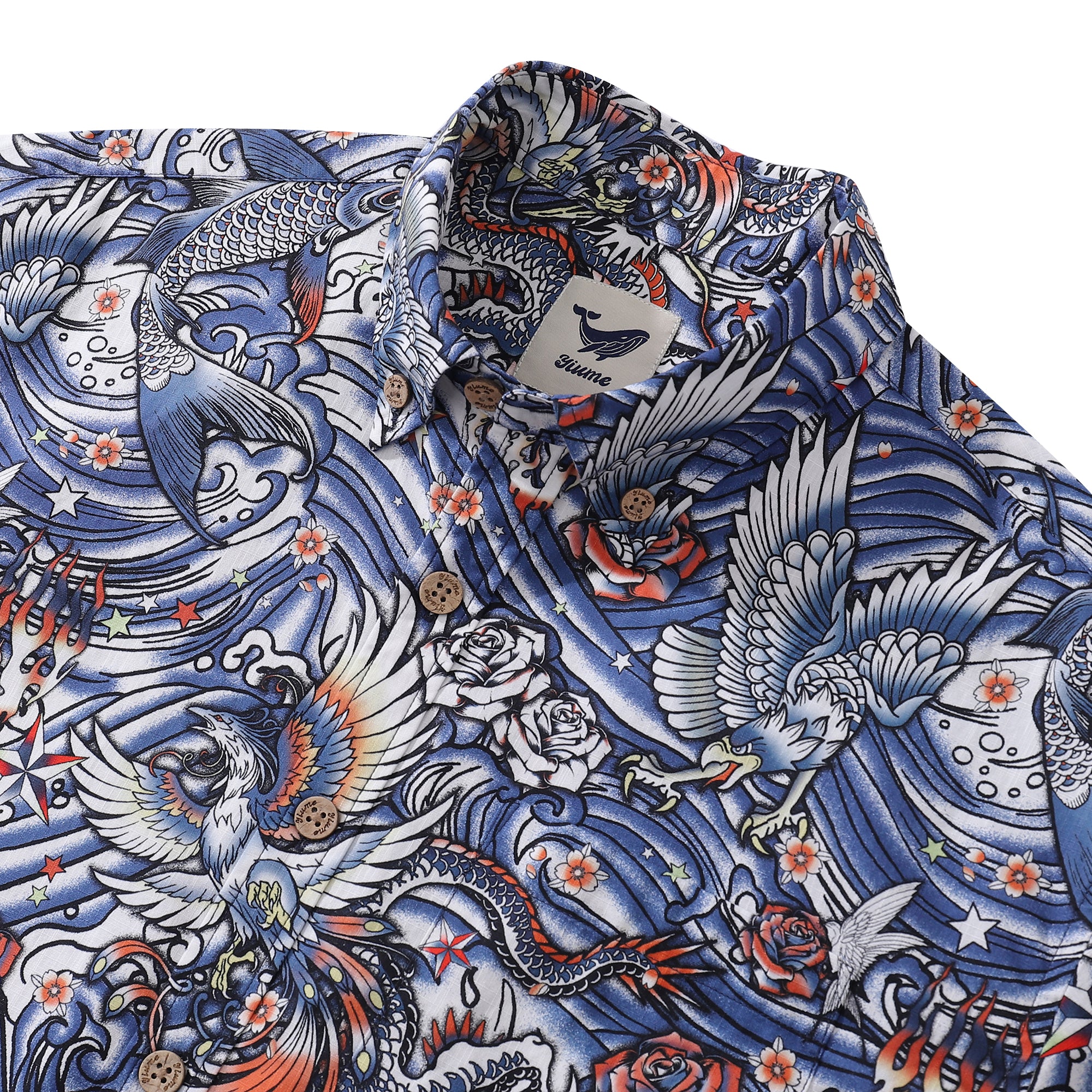 Men's Hawaiian Shirt Zen Waves - Tattoo Harmony Cotton Button-down Short Sleeve Aloha Shirt