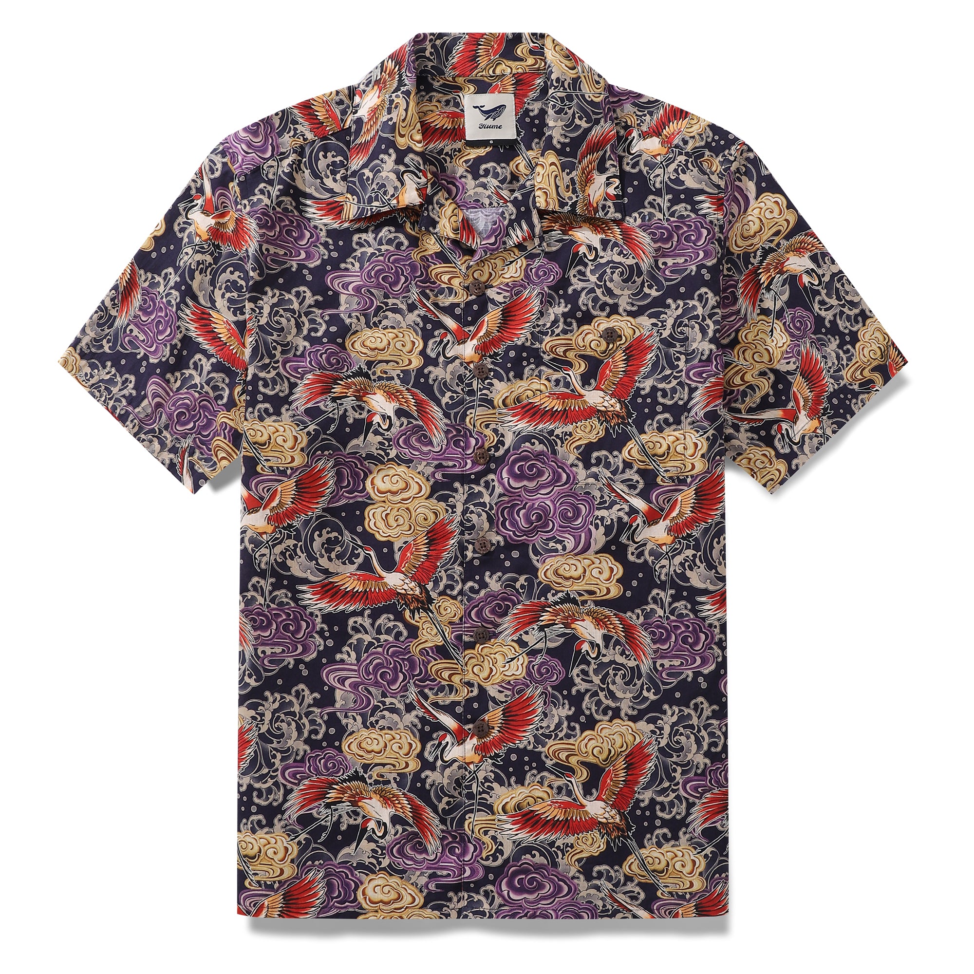 Hawaiian Shirt For Men Lonely Clouds and Free Cranes Print Shirt Camp Collar 100% Cotton
