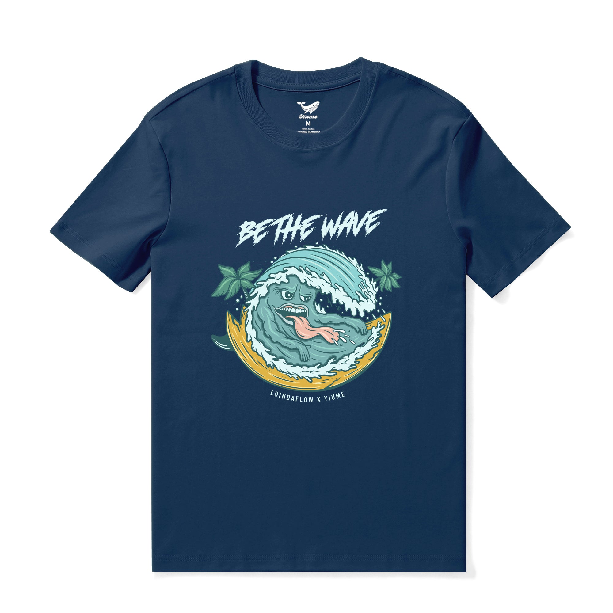 Hawaiian Tee For Men Be the Wave By Loindaflow Tee Crew Neck 100% Cotton - NAVY BLUE