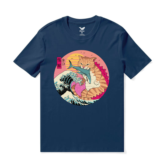 Hawaiian Tee For Men Super CatZilla Tee Crew Neck 100% Cotton - NAVY BLUE Super Catzilla - Navy Blue